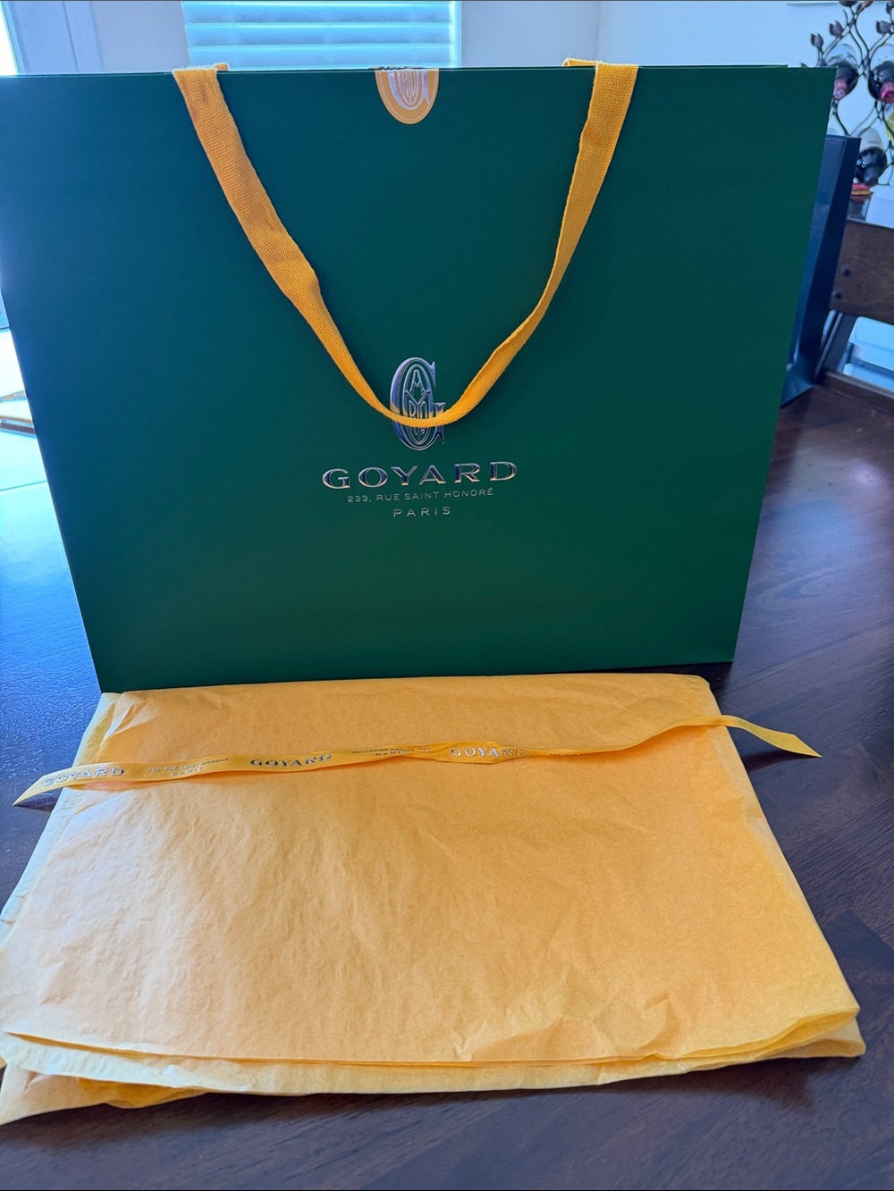 Goyard Green Shopping Bag with Yellow Tissue and Ribbon